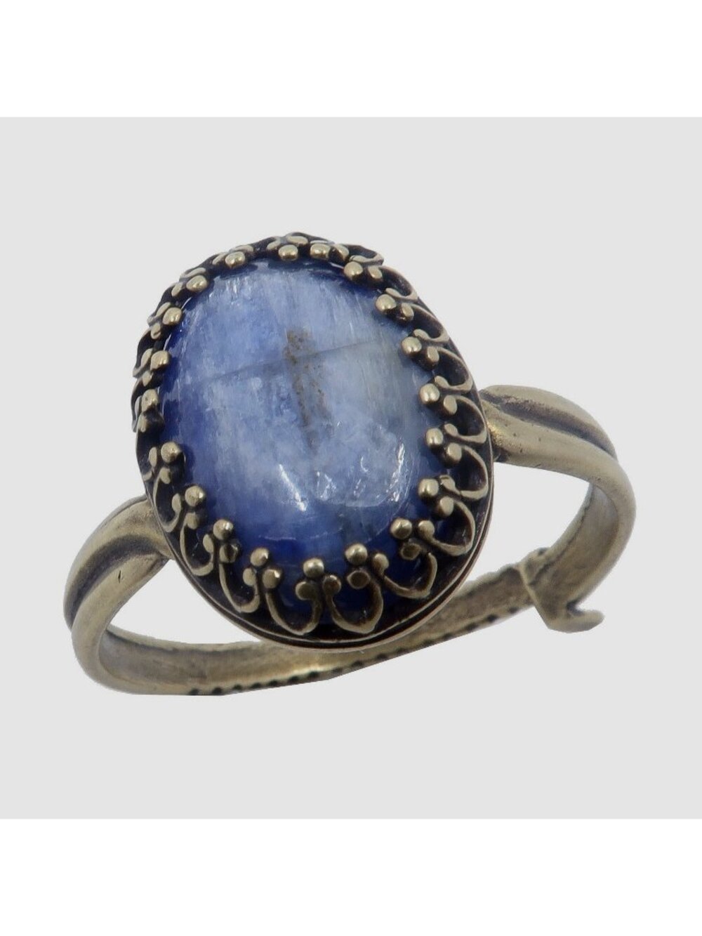 Kyanite Ring Blue Moon Oval Gemstone Antiqued Brass Adjustable Size 5 to 8 Boho